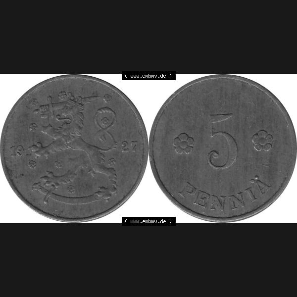 Grau bzw. s/w Alte Münzen KMS Finnland, Kursmünzensatz Pro-Version als JPG-Bild einer finnischen Münze Design 1918-1940, 5 Penny, Penniä 1927 (7). Etwas bessere... Sammlung Graustufen