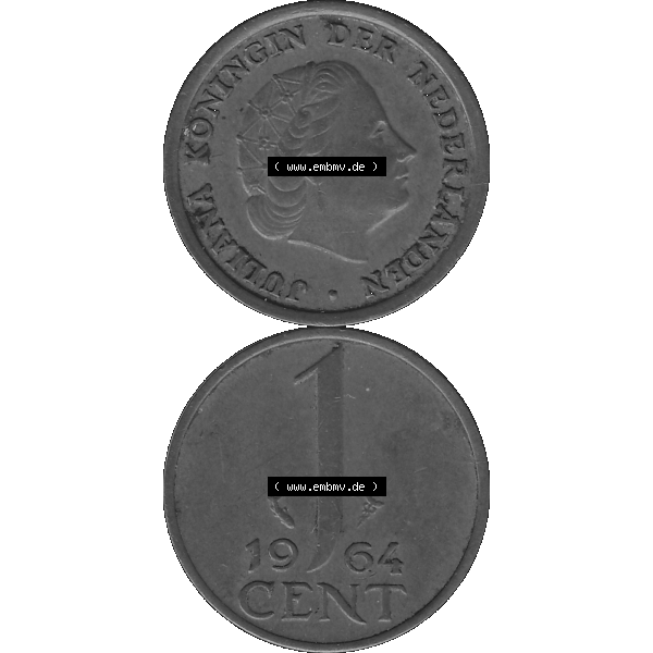 Grau bzw. s/w Alte Münze der Niederlande 1951-1975, in PNG digitalisiert 1950-1980, 1 Cent Königin Juliana 1964-01. Vorderseite und Rückseite vertikal auf einen digitalen Bild der alten... Sammlung Graustufen