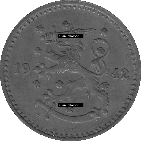 Grau bzw. s/w Alte Münzen KMS Finnland, Kursmünzensatz Finnland in transparenten digitalen PNG-Format 1940-1951, 1 finnische Mark, Markka, Kupfer 1942-1. Vorderseite als PNG-Grafik... Sammlung Graustufen