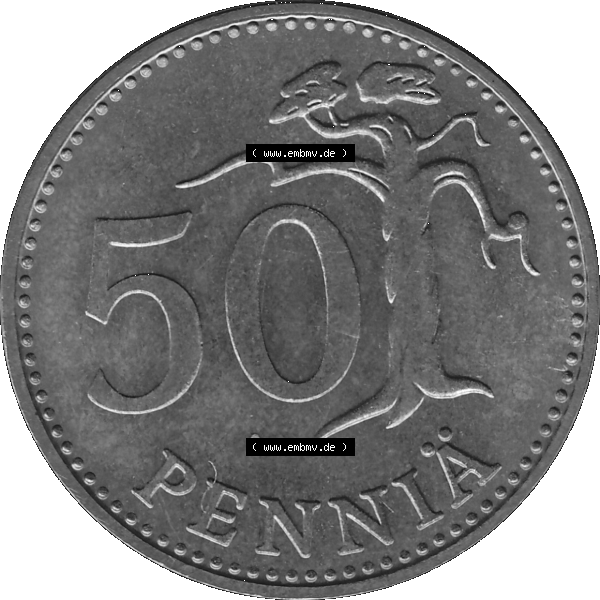 Grau bzw. s/w Alte Münzen KMS Finnland, Kursmünzensatz 1978 in Stempelglanz als digitales Computerbild einer finnischen digitalisierten Münze in transparenten PNG 1963-1990, 50 Penny 1978-1.... Sammlung Graustufen