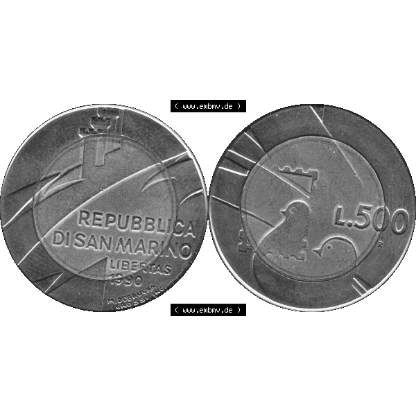 Grau bzw. s/w Gedenkmünzen aus San Marino, in PNG 1990-1990, 500 Lire 1600 Jahre San Marino 1990-01. Vorderseite und Rückseite horizontal auf einen digitalen Bild der alten Gedenkmünze... Sammlung Graustufen