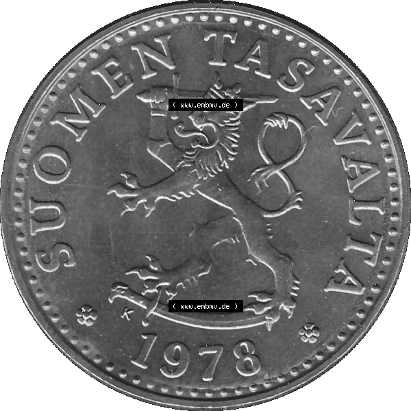 Grau bzw. s/w Alte Münzen KMS Finnland, Kursmünzensatz 1978 in Stempelglanz als digitales Computerbild einer finnischen digitalisierten Münze in transparenten PNG 1963-1990, 20 Penny,... Sammlung Graustufen