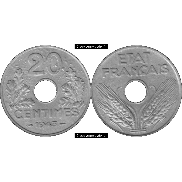 Grau bzw. s/w Münzen Frankreich Umlaufmünze in PNG einer Münze aus Frankreich 1941-1944, 20 Centimes, Cent 1943-01. Vorderseite und Rückseite horizontal auf einen digitalen Bild... Sammlung Graustufen