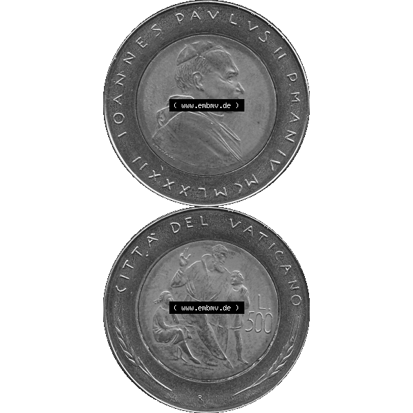 Grau bzw. s/w Alte Münze aus der Vatikanstadt / Vatikan als PNG-Grafik Münze Vatikanstadt 1982-1982, 500 Lire IOANNES PAVLVS II P M 1982-01. Vorderseite und Rückseite vertikal auf einen... Sammlung Graustufen