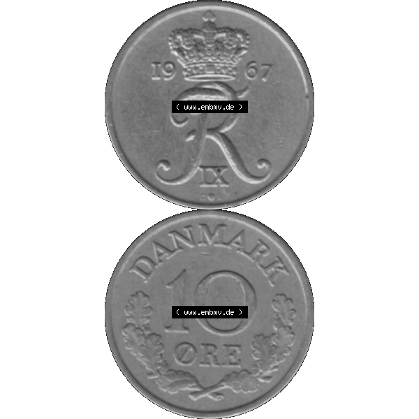 Grau bzw. s/w Alte Münze aus Dänemark als PNG-Grafik 1960-1972, 10 Öre 1967-01. Vorderseite und Rückseite vertikal auf einen digitalen Bild der alten dänischen Umlaufmünze... Sammlung Graustufen