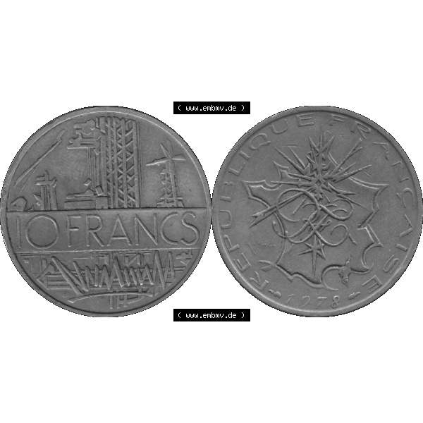 Grau bzw. s/w Münzen Frankreich Umlaufmünze 1974-1987, 10 Franken-Francs 1978-02. Vorderseite und Rückseite horizontal auf einen digitalen Bild der alten französischen Umlaufmünze... Sammlung Graustufen