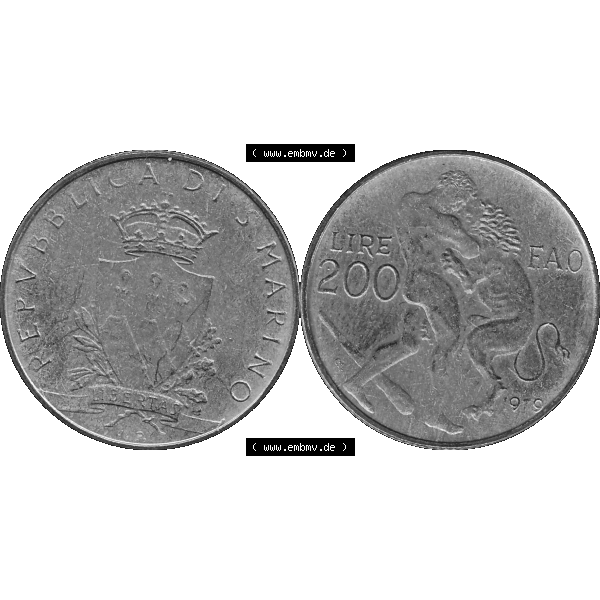 Grau bzw. s/w Bildmaterial Münzensatz / KMS 1979 aus San Marino im PNG-Format 1979-1979, 200 Lire, L.200, J. V. LIBERTAS REPVBBLICA DI S. MARINO, 1979 L.200.... Sammlung Graustufen