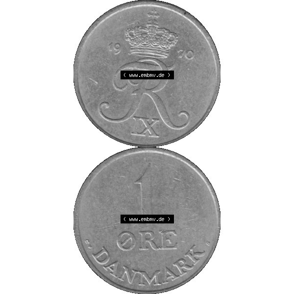 Grau bzw. s/w Alte Münze aus Dänemark als PNG-Grafik 1956-1971, 1 Öre 1970-01 Kursmünze. Vorderseite und Rückseite vertikal auf einen digitalen Bild der alten dänischen Umlaufmünze... Sammlung Graustufen