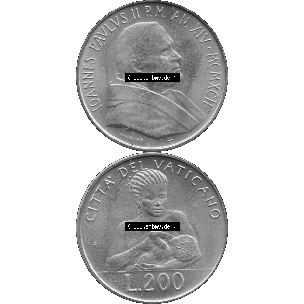 Grau bzw. s/w Alte Münze aus der Vatikanstadt / Vatikan als PNG-Grafik 1992-1992, 200 Lire Papst Giovanni Paolo II. 1992-01. Vorderseite und Rückseite vertikal auf einen digitalen Bild... Sammlung Graustufen