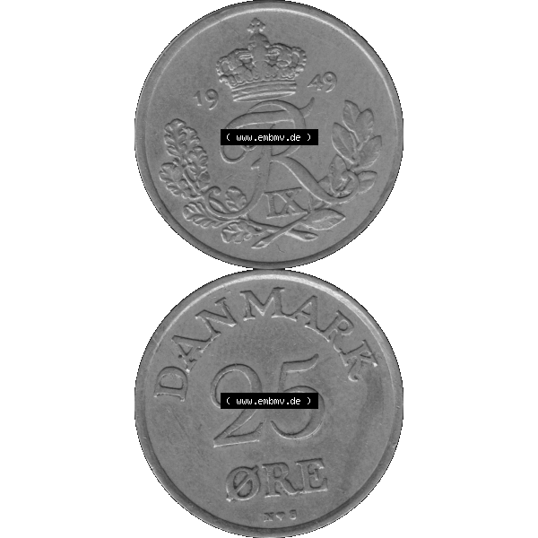 Grau bzw. s/w Alte Münze aus Dänemark als PNG-Grafik 1948-1955, 25 Öre 1949-01 Kursmünze. Vorderseite und Rückseite vertikal auf einen digitalen Bild der alten dänischen Umlaufmünze... Sammlung Graustufen