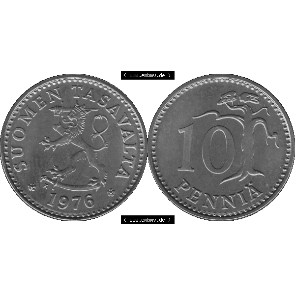 Grau bzw. s/w Alte Münzen KMS Finnland, Kursmünzensatz 1976 in Stempelglanz als digitales Computerbild in transparenten PNG 1963-1982, 10 Penny, Penniä 1976-1, SUOMEN TASAVALTA.... Sammlung Graustufen