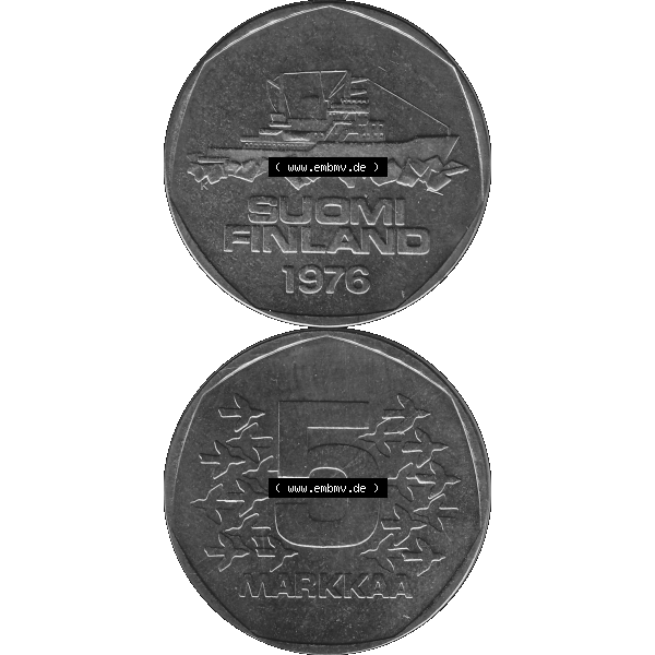 Grau bzw. s/w Alte Münzen KMS Finnland, Kursmünzensatz 1976 in Stempelglanz als digitales Computerbild in transparenten PNG 1972-1978, 5 Finnische Mark, Markkaa 1976-1, SUOMI FINLAND.... Sammlung Graustufen