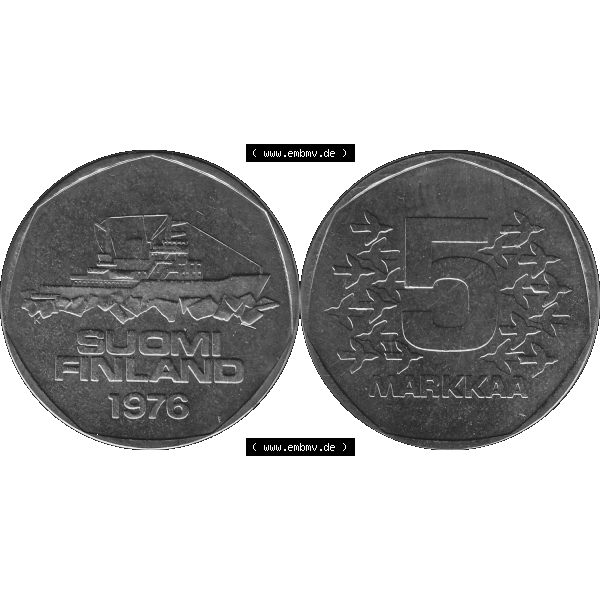 Grau bzw. s/w Alte Münzen KMS Finnland, Kursmünzensatz 1976 in Stempelglanz als digitales Computerbild in transparenten PNG 1972-1978, 5 Finnische Mark, Markkaa 1976-1, SUOMI FINLAND.... Sammlung Graustufen