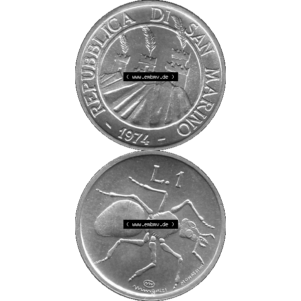 Grau bzw. s/w Bildmaterial Münzensatz / KMS 1974 aus San Marino in Graustufen 1974-1974, 1 Lire, 1 Lira, L.1 MINGUZZI MONASSI INC. Graustufen. PNG Computer-Grafik in Graustufen-PNG... Sammlung Graustufen