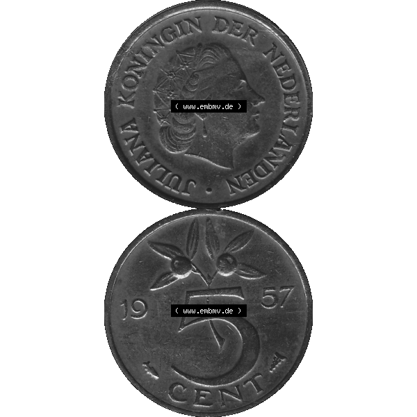 Grau bzw. s/w Alte Münze der Niederlande 1951-1975, in PNG digitalisiert 1950-1980, 5 Cent Königin Juliana 1957-01. Vorderseite und Rückseite vertikal auf einen digitalen Bild der alten... Sammlung Graustufen