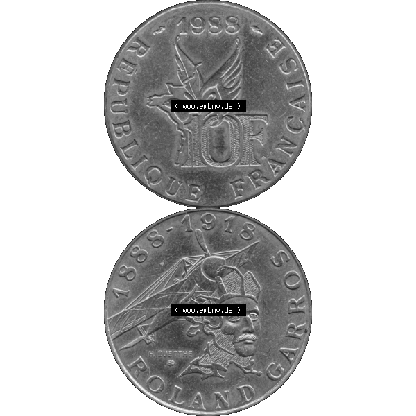 Grau bzw. s/w Münzen Frankreich Umlaufmünze 1988-1988, 10 Francs Roland Garros-01 1988-01. Vorderseite und Rückseite vertikal auf einen digitalen Bild der alten französischen Umlaufmünze... Sammlung Graustufen
