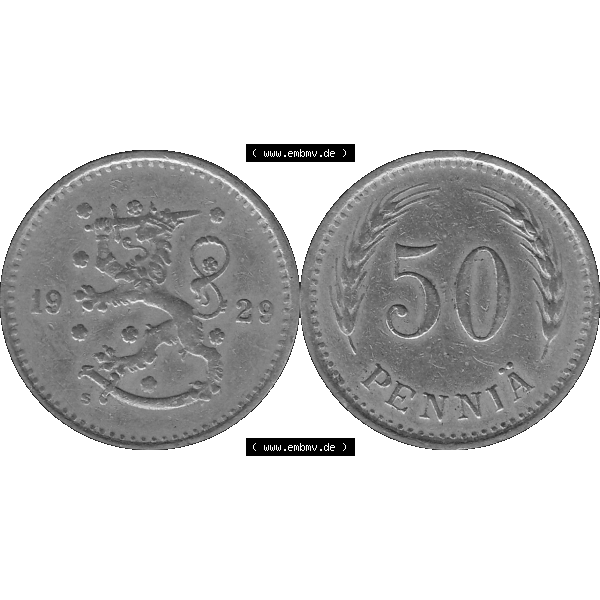 Grau bzw. s/w Alte Münzen KMS Finnland, Kursmünzensatz in PNG Design einer finnischen Münze 1921-1940, 50 Penny, Penniä 1929. Digitales transparentes PNG-Bild / Bildmaterial... Sammlung Graustufen