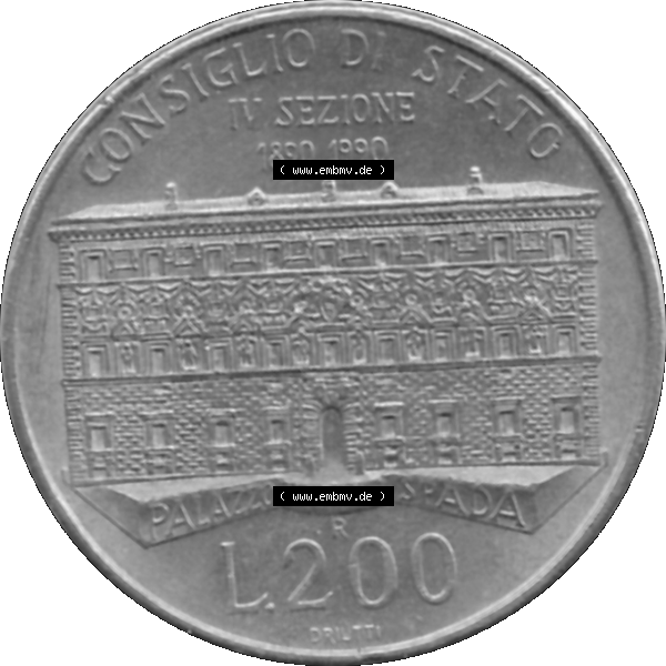 Grau bzw. s/w Bildmaterial einer Münze aus Italien / Italia als PNG-Grafik 1990-1990, 200 Lire Gründung von Staatsrat 1990-01. Rückseite einer alten italienischen 200 Lire Gedenkmünze,... Sammlung Graustufen