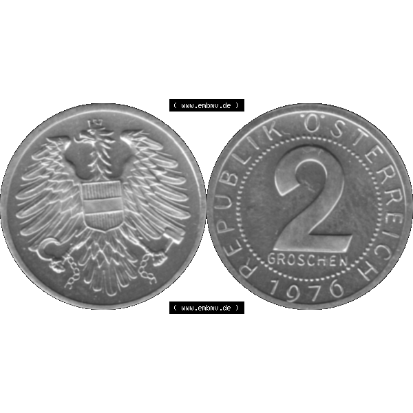 Grau bzw. s/w Alte Münze aus Österreich, in PNG digitalisiert 1950-1994, 2 Groschen 1976-01. Vorderseite und Rückseite horizontal auf einen digitalen Bild der alten österreichischen... Sammlung Graustufen