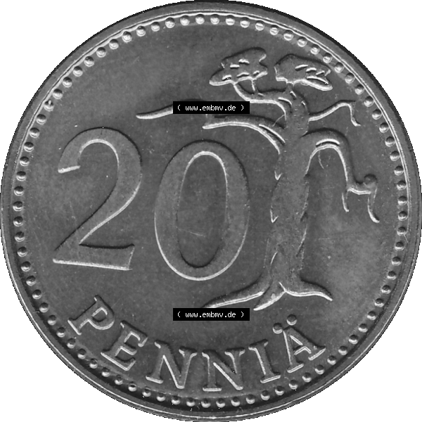 Grau bzw. s/w Alte Münzen KMS Finnland, Kursmünzensatz 1978 in Stempelglanz als digitales Computerbild einer finnischen digitalisierten Münze in transparenten PNG 1963-1990, 20 Penny,... Sammlung Graustufen