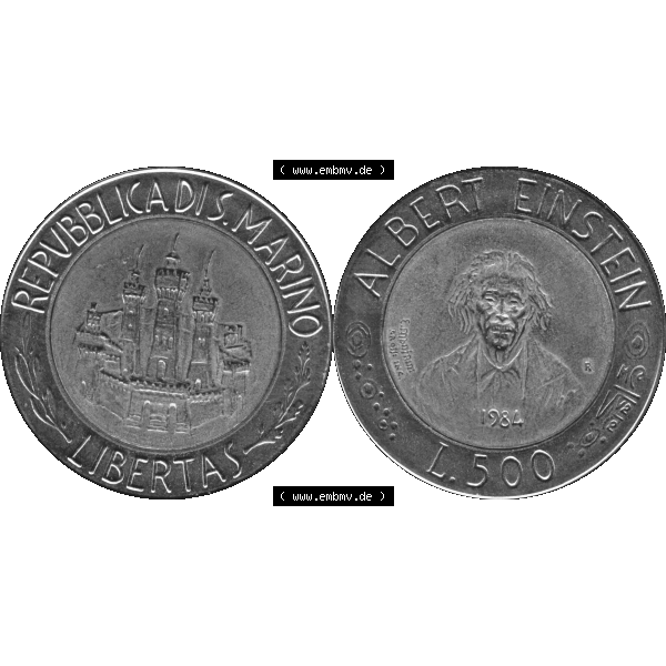 Grau bzw. s/w Gedenkmünzen aus San Marino, in PNG 1984-1984, 500 Lire Albert Einstein 1984-01. Vorderseite und Rückseite horizontal auf einen digitalen Bild der alten Gedenkmünze aus... Sammlung Graustufen