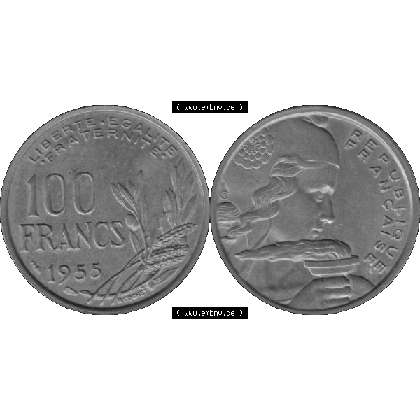 Grau bzw. s/w Münzen Frankreich Umlaufmünze 1954-1958, 100 Francs, Franken Typ II 1955-01. Vorderseite und Rückseite horizontal auf einen digitalen Bild der alten französischen... Sammlung Graustufen