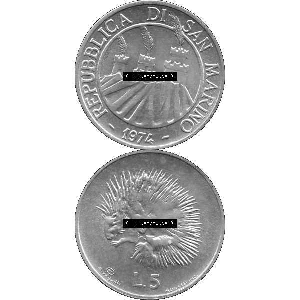 Grau bzw. s/w Bildmaterial Münzensatz / KMS 1974 aus San Marino in Graustufen 1974-1974, 5 Lire, L.5 MINGUZZI MONASSI INC. Graustufen. PNG Computer-Grafik in Graustufen-PNG... Sammlung Graustufen