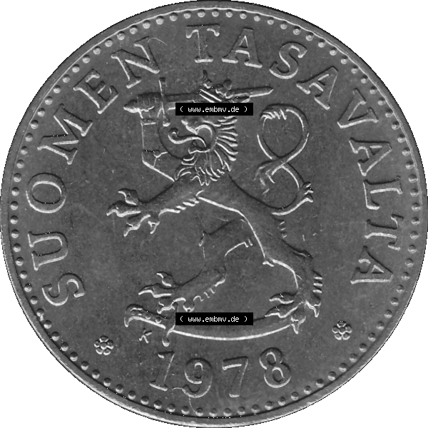 Grau bzw. s/w Alte Münzen KMS Finnland, Kursmünzensatz 1978 in Stempelglanz als digitales Computerbild einer finnischen digitalisierten Münze in transparenten PNG 1963-1990, 50 Penny 1978-1.... Sammlung Graustufen