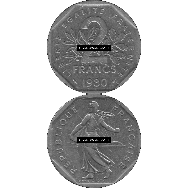 Grau bzw. s/w Münzen Frankreich Umlaufmünze 1979-2001, 2 Francs Säerin Semeuse 1980-01. Vorderseite und Rückseite vertikal auf einen digitalen Bild der alten französischen Umlaufmünze... Sammlung Graustufen