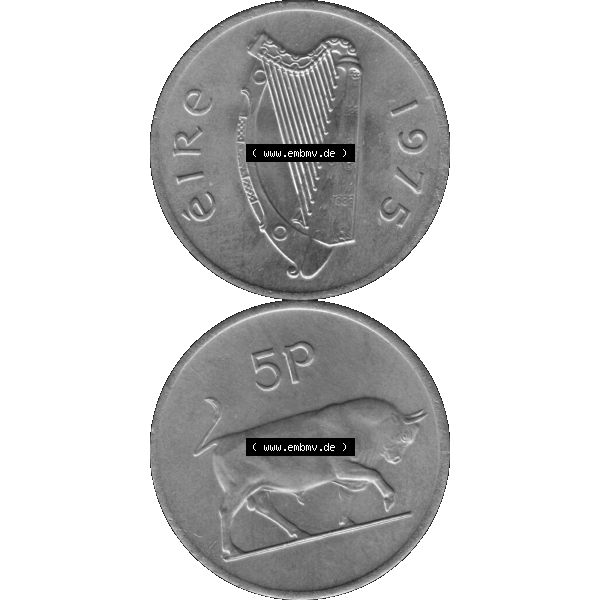 Grau bzw. s/w Bildmaterial einer Münze aus Irland als PNG-Grafik 1969-1990, 5 Pence 1976-01. Digitalisierte Münze aus Irland als transparente PNG-Grafik zum herunterladen. Vorderseite und... Sammlung Graustufen