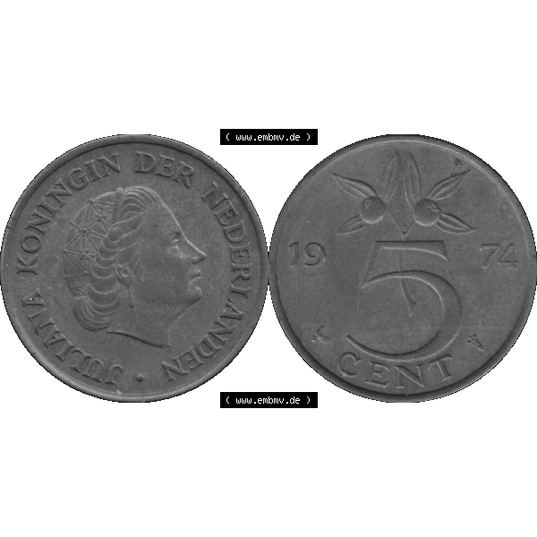 Grau bzw. s/w Alte Münze der Niederlande 1951-1975, in PNG digitalisiert 1950-1980, 5 Cent Königin Juliana 1974-01. Vorderseite und Rückseite horizontal auf einen digitalen Bild der... Sammlung Graustufen