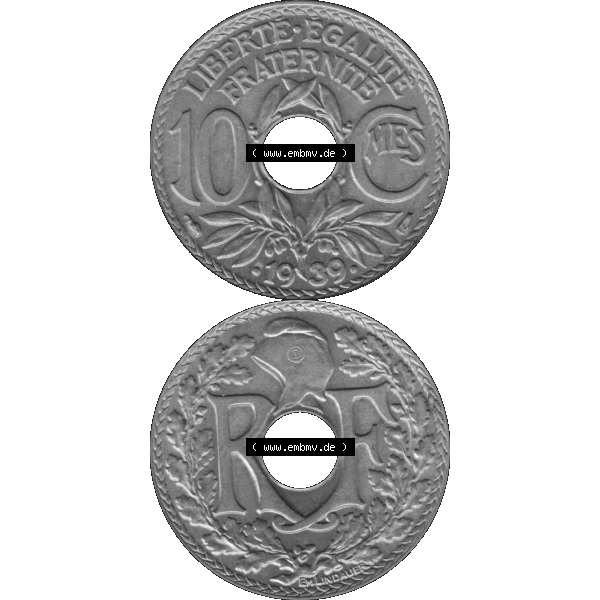 Grau bzw. s/w Münzen Frankreich Umlaufmünze in PNG einer Münze aus Frankreich 1938-1939, 10 Centimes, Cent 1939-01. Vorderseite und Rückseite vertikal auf einen digitalen Bild... Sammlung Graustufen