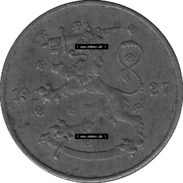 Grau bzw. s/w Alte Münzen KMS Finnland, Kursmünzensatz in PNG Design einer finnischen Münze 1918-1940, 5 Penny, Penniä 1927. Vorderseite einer Münze in transparenten... Sammlung Graustufen