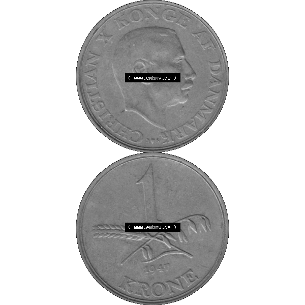Grau bzw. s/w Alte Münze aus Dänemark als PNG-Grafik 1942-1947, 1 Krone 1947-01 Kursmünze. Vorderseite und Rückseite vertikal auf einen digitalen Bild der alten dänischen Umlaufmünze... Sammlung Graustufen