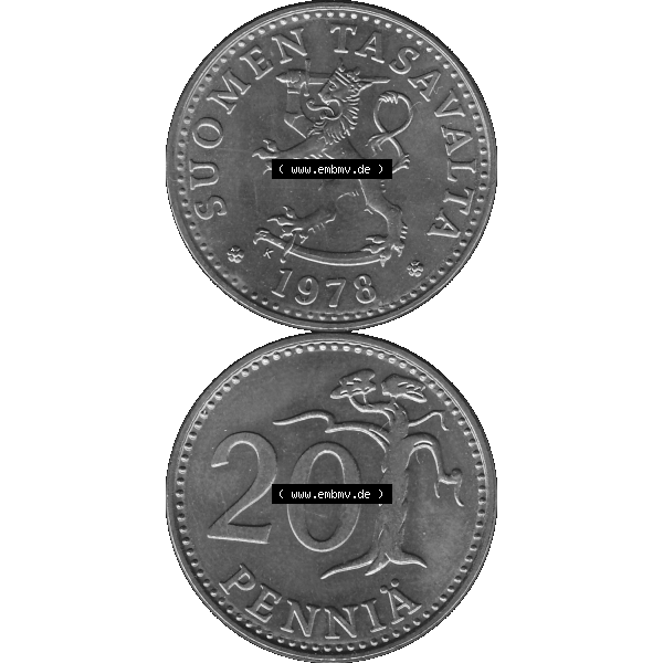 Grau bzw. s/w Alte Münzen KMS Finnland, Kursmünzensatz 1978 in Stempelglanz als digitales Computerbild einer finnischen digitalisierten Münze in transparenten PNG 1963-1990, 20 Penny,... Sammlung Graustufen