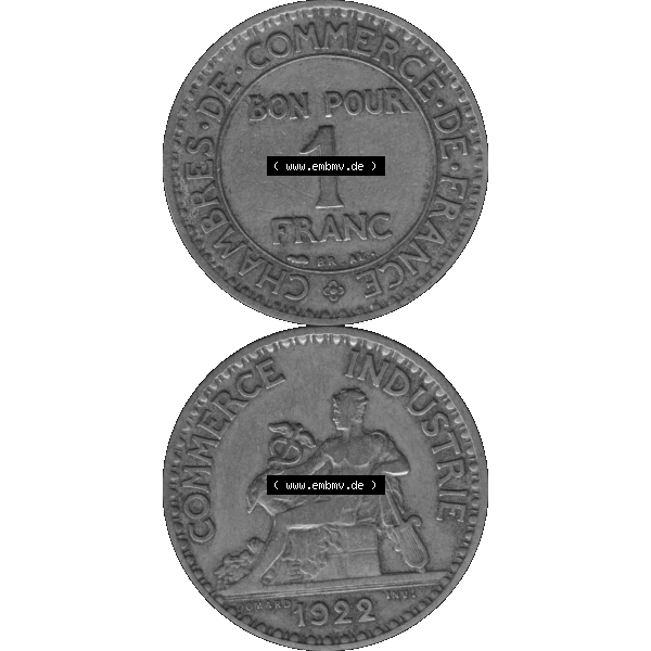 Grau bzw. s/w Münzen Frankreich Umlaufmünze in PNG einer Münze aus Frankreich 1920-1927, 1 Francs, Franken 1922-01. Vorderseite und Rückseite vertikal auf einen digitalen Bild... Sammlung Graustufen