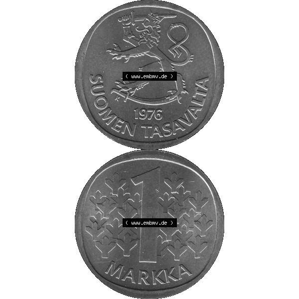 Grau bzw. s/w Alte Münzen KMS Finnland, Kursmünzensatz 1976 in Stempelglanz als digitales Computerbild in transparenten PNG 1969-1993, 1 Finnische Mark, Markka 1976-1, SUOMEN TASAVALTA.... Sammlung Graustufen