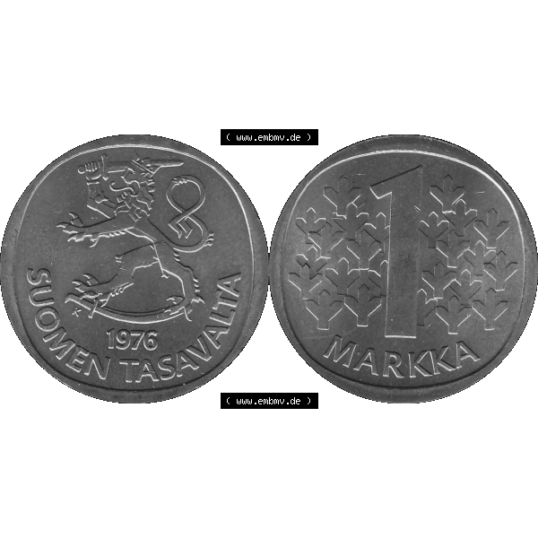 Grau bzw. s/w Alte Münzen KMS Finnland, Kursmünzensatz 1976 in Stempelglanz als digitales Computerbild in transparenten PNG 1969-1993, 1 Finnische Mark, Markka 1976-1, SUOMEN TASAVALTA.... Sammlung Graustufen