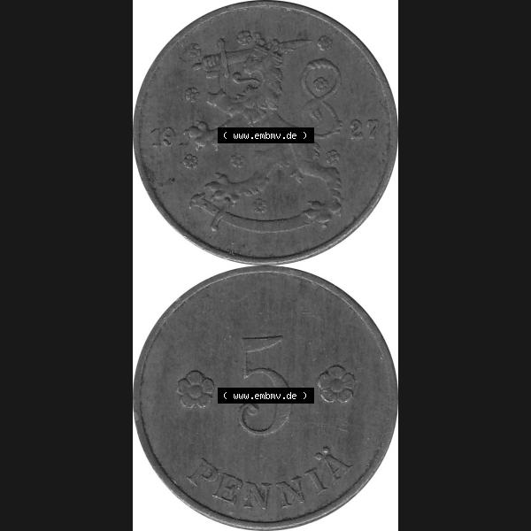 Grau bzw. s/w Alte Münzen KMS Finnland, Kursmünzensatz Pro-Version als JPG-Bild einer finnischen Münze Design 1918-1940, 5 Penny, Penniä 1927 (8). Etwas bessere... Sammlung Graustufen