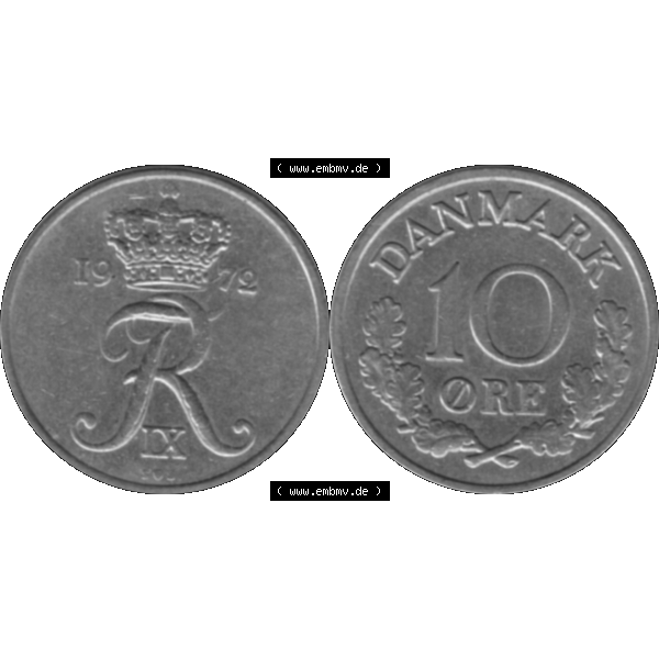 Grau bzw. s/w Alte Münze aus Dänemark als PNG-Grafik 1960-1972, 10 Öre 1972-01. Vorderseite und Rückseite horizontal auf einen digitalen Bild der alten dänischen Umlaufmünze... Sammlung Graustufen