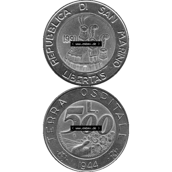 Grau bzw. s/w Gedenkmünzen aus San Marino, in PNG 1991-1991, 500 Lire Münze Terra Ospitale 1944 - Jahrgang 1991-01. Vorderseite und Rückseite vertikal auf einen digitalen Bild der alten... Sammlung Graustufen