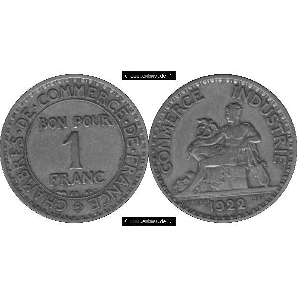 Grau bzw. s/w Münzen Frankreich Umlaufmünze in PNG einer Münze aus Frankreich 1920-1927, 1 Francs, Franken 1922-01. Vorderseite und Rückseite horizontal auf einen digitalen Bild... Sammlung Graustufen