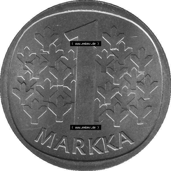 Grau bzw. s/w Alte Münzen KMS Finnland, Kursmünzensatz 1976 in Stempelglanz als digitales Computerbild in transparenten PNG 1969-1993, 1 Finnische Mark, Markka 1976-1, SUOMEN TASAVALTA.... Sammlung Graustufen