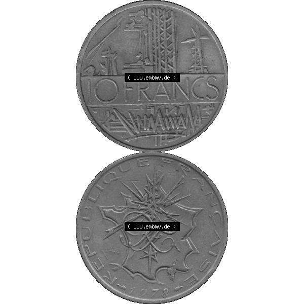 Grau bzw. s/w Münzen Frankreich Umlaufmünze 1974-1987, 10 Franken-Francs 1978-02. Vorderseite und Rückseite vertikal auf einen digitalen Bild der alten französischen Umlaufmünze... Sammlung Graustufen