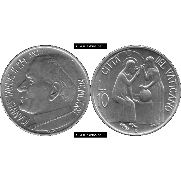 Grau bzw. s/w Alte Münze aus der Vatikanstadt / Vatikan als PNG-Grafik 1981-1981, 10 Lire Papst Johannes Paul II. 1981-01. Vorderseite und Rückseite horizontal auf einen digitalen Bild... Sammlung Graustufen