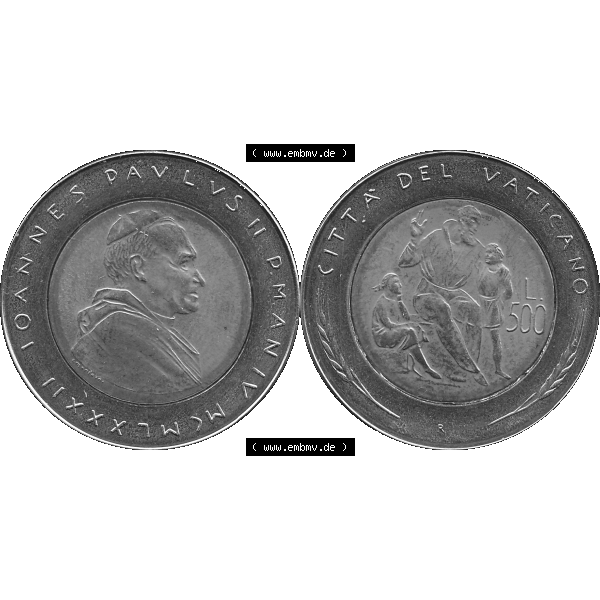 Grau bzw. s/w Alte Münze aus der Vatikanstadt / Vatikan als PNG-Grafik Münze Vatikanstadt 1982-1982, 500 Lire IOANNES PAVLVS II P M 1982-01. Vorderseite und Rückseite horizontal auf einen... Sammlung Graustufen