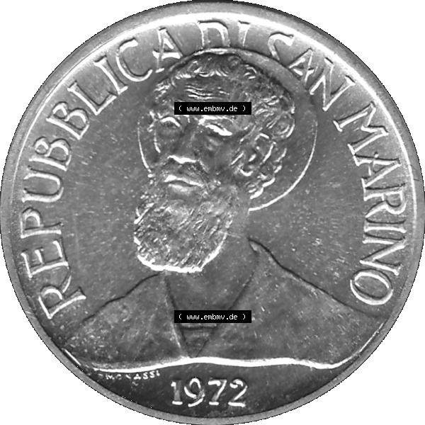 Grau bzw. s/w Bildmaterial in PNG-Grafiken Münzensatz / KMS 1972 aus San Marino 1972-1972, Münze 1 Lira, Lire 1972, 1 LIRA MONASSI REPUBBLICA DI SAN MARINO. Vorderseite als PNG-Grafik... Sammlung Graustufen