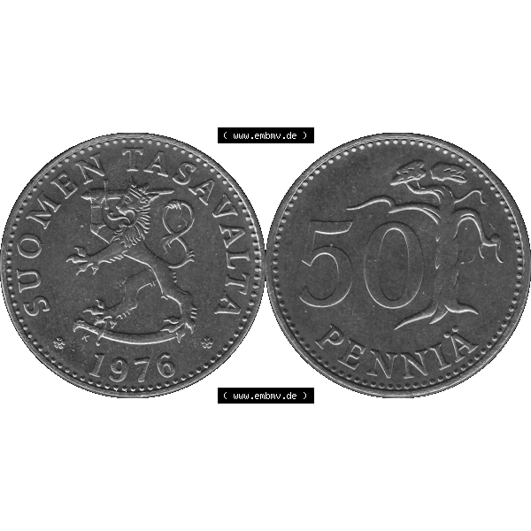 Grau bzw. s/w Alte Münzen KMS Finnland, Kursmünzensatz 1976 in Stempelglanz als digitales Computerbild in transparenten PNG 1963-1990, 50 Penny Penniä 1976-1, SUOMEN TASAVALTA.... Sammlung Graustufen