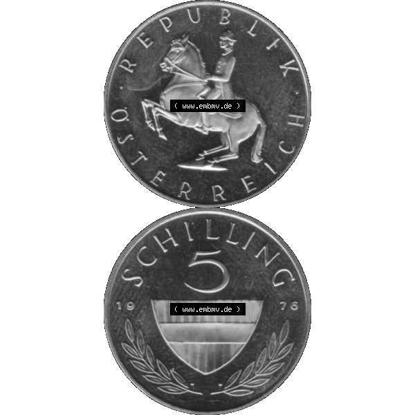 Grau bzw. s/w Alte Münze aus Österreich, in PNG digitalisiert 1968-2001, 5 Schilling 1976-01. Vorderseite und Rückseite vertikal auf einen digitalen Bild der alten österreichischen... Sammlung Graustufen