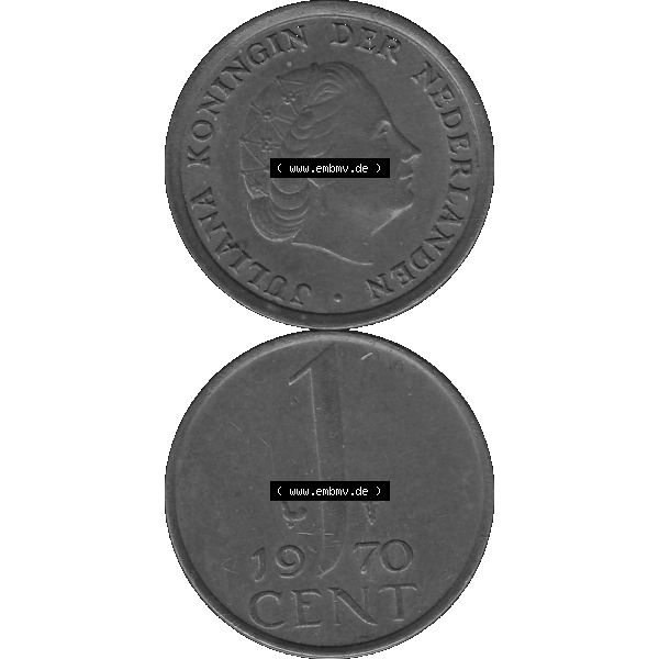 Grau bzw. s/w Alte Münze der Niederlande 1951-1975, in PNG digitalisiert 1950-1980, 1 Cent Königin Juliana 1970-01. Vorderseite und Rückseite vertikal auf einen digitalen Bild der alten... Sammlung Graustufen